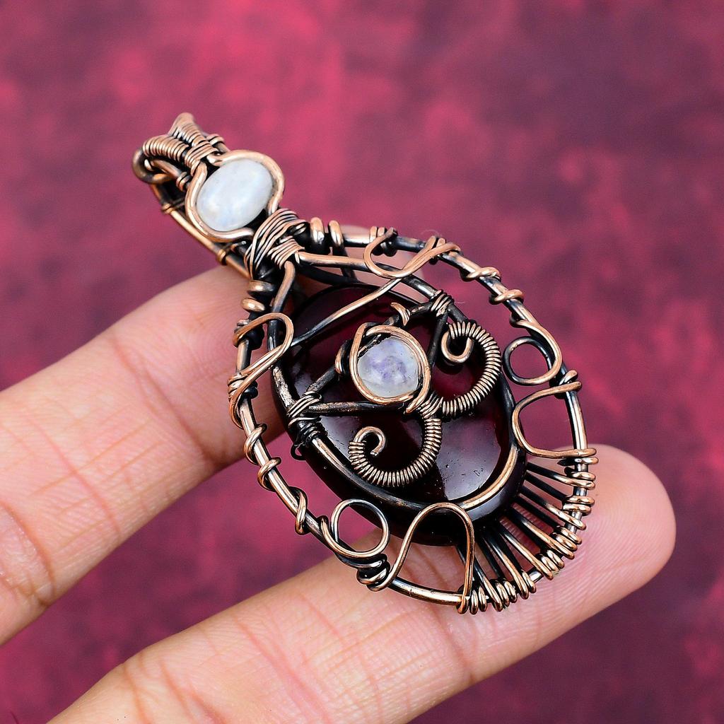 Evil Eye Red Fire Labradorite Pendant Copper Wire Wrapped Gemstone Jewelry