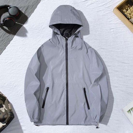 Pánská reflexní bunda s kapucí, dlouhý rukáv, větruodolný zip, zapínání na dvojité kapsy, lezení, turistika, běhání