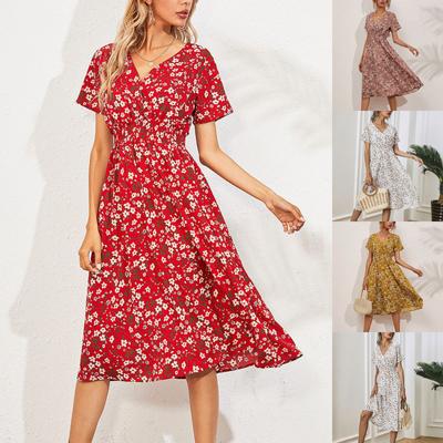 Fashion Women's Casual V-Neck Printed Midi Skirt Elastic Waist Dress