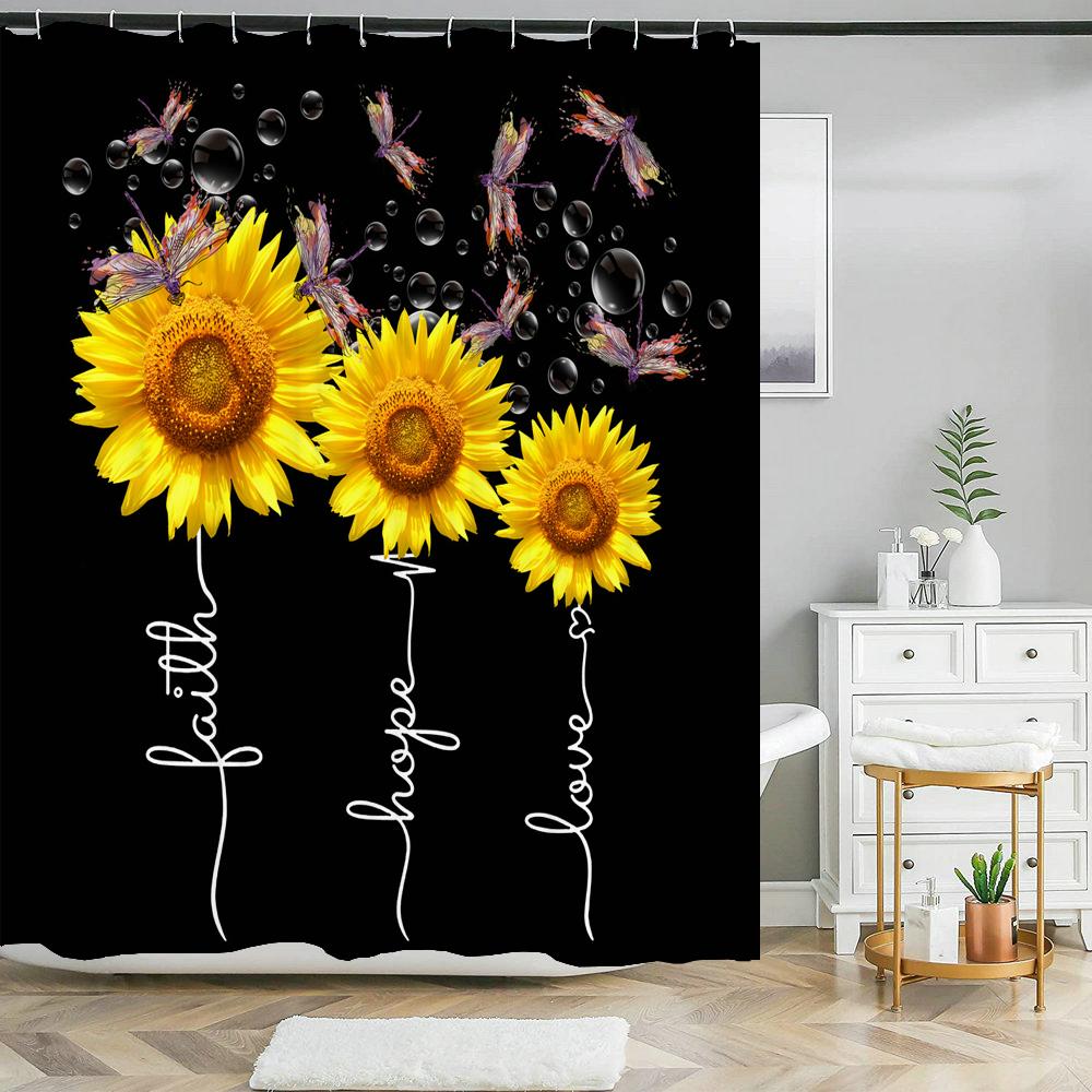 Magic Sunflower Butterfly Shower Curtain Sets Black Yellow Art Country Flower Bathroom Decor Curtains Bath Mats Rug Toilet Cover