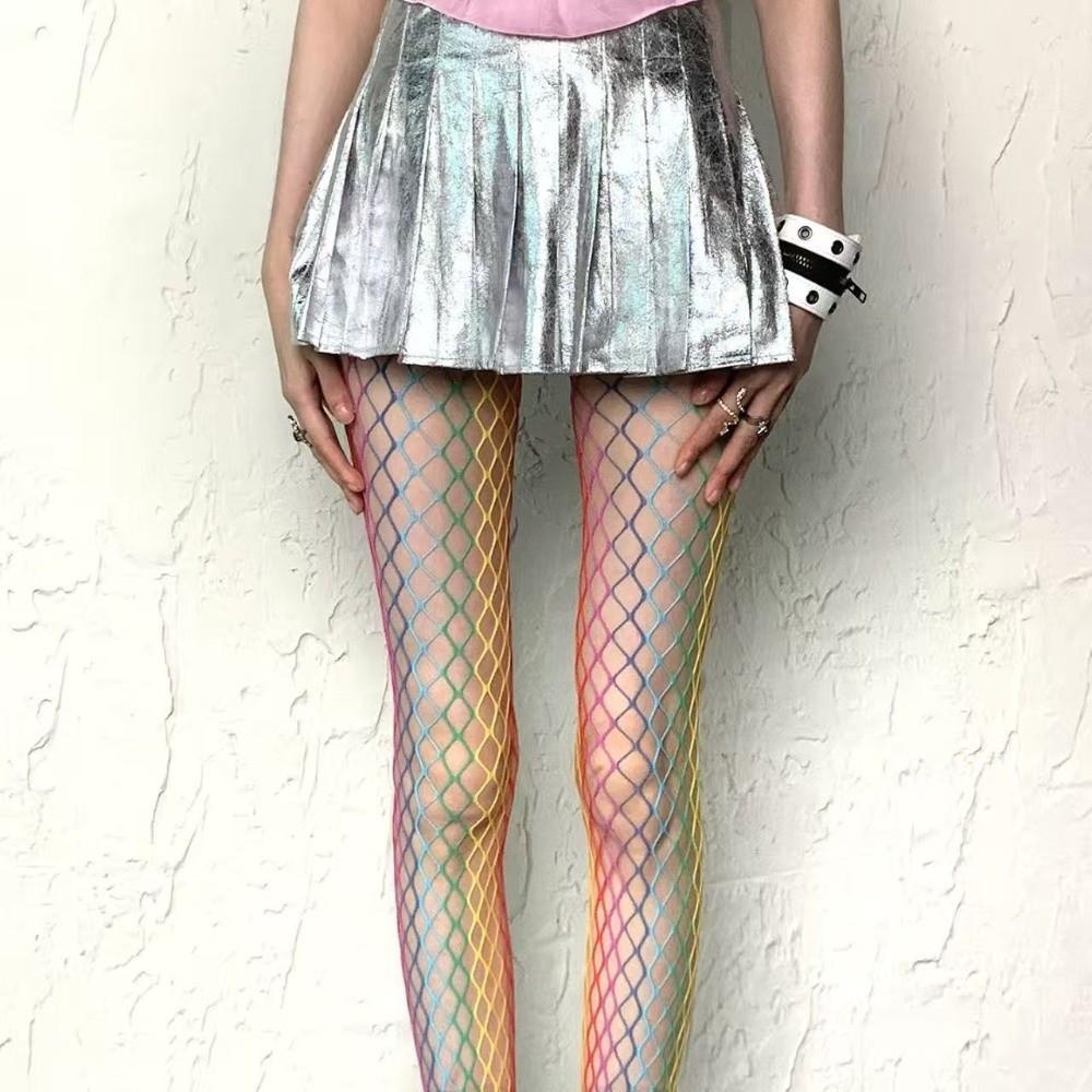 Sweet Cool Dopamine Rainbow Fishnet Stockings Y2K Gradient Sexy Pantyhose High Waist Mesh Hollowed Out Tights Women Fashion One Size