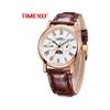 Time100 Multifunction Men's Watch Date Day Display 24-Hour Indicator Japanese Movement Black Leather Strap Rose Gold