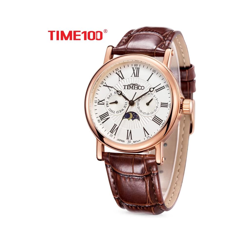 Time100 Multifunction Men's Watch Date Day Display 24-Hour Indicator Japanese Movement Black Leather Strap Rose Gold