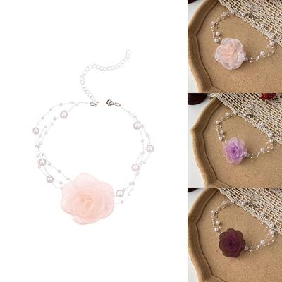 Collier ras du cou romantique en perles et camélia, chaîne de clavicule d'été avec fleurs en tissu et perles pour femmes, bijoux de dîner