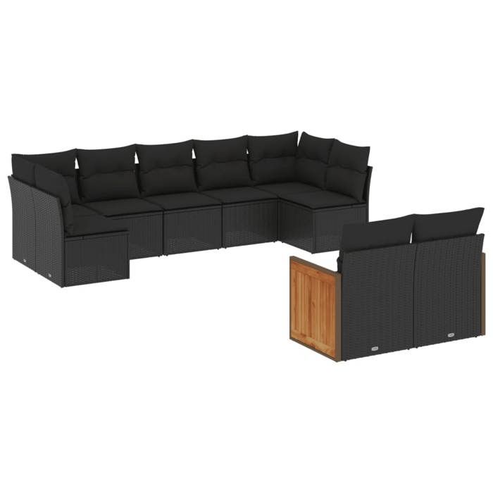 VidaXL Salon de Jardin avec Coussins 9 pcs, Canapés de Terrasse, Ensemble de Meubles de Patio, Mobilier d'Extérieur, Noir 3227966