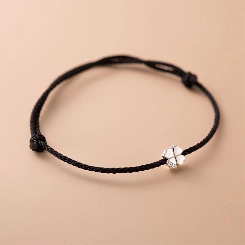 Synthetic Fiber Rope Wristband, Silver Clover Bead Pendant, for Daily Wear, Valentine's Day Birthday Gift