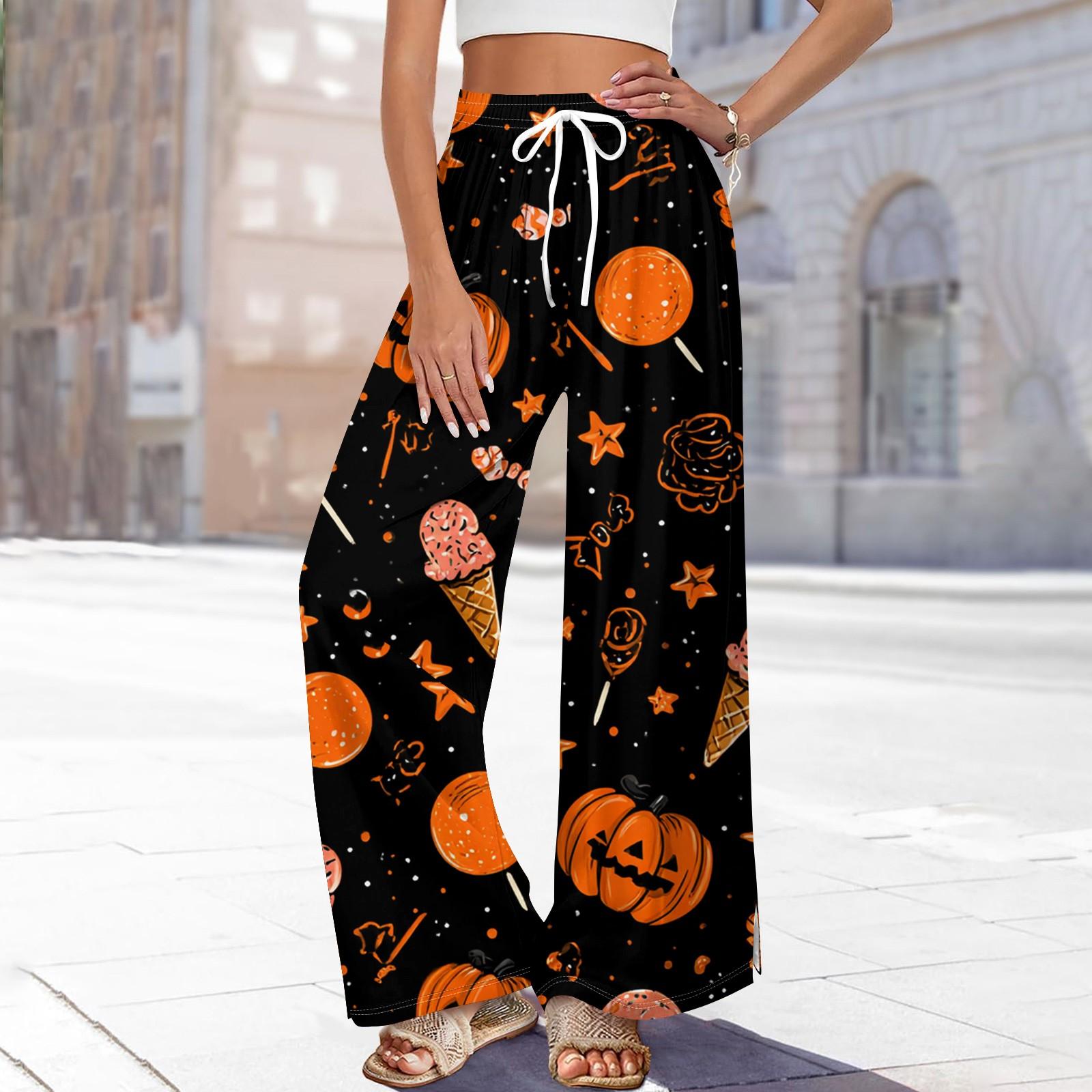 

Жіночі повсякденні модні штани прямого крою з широкими штанинами, еластичною талією на кулісці, кишенями та принтом на Хелловін S чорний