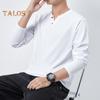 Men Fall Spring Top Buttoned V Neck Long Sleeves Pure Color Loose Pullover T-shirt Daily Wear Sport Homewear Clothes