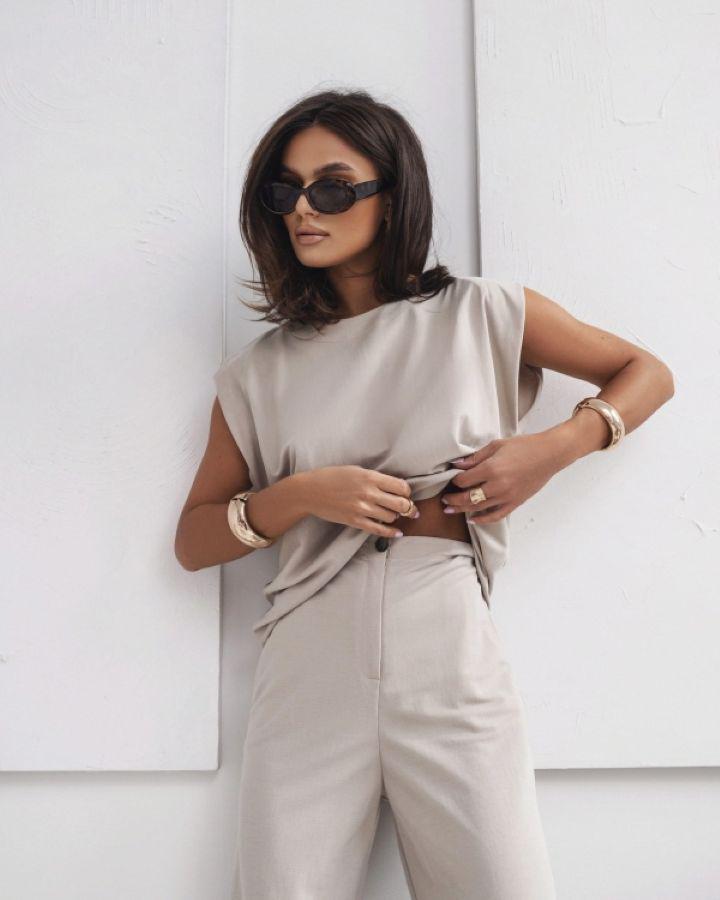 2025 European & American Autumn/Winter Women's Sleeveless Solid Casual T-Shirt and Wide-Leg Pants Set