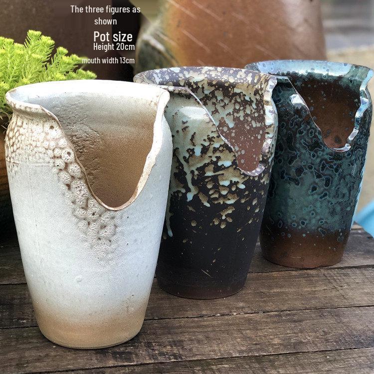 Handmade Coarse Pottery Wide-Mouth Flower Pot - Ceramic Zisha Succulent Planter with Rustic Cut-Edge Design for Chlorophytum