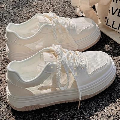 Women's White Shoes with Skirt New Summer Mesh Shoes Women's Breathable Thin Mesh Shoes Platform Sports Board Shoes