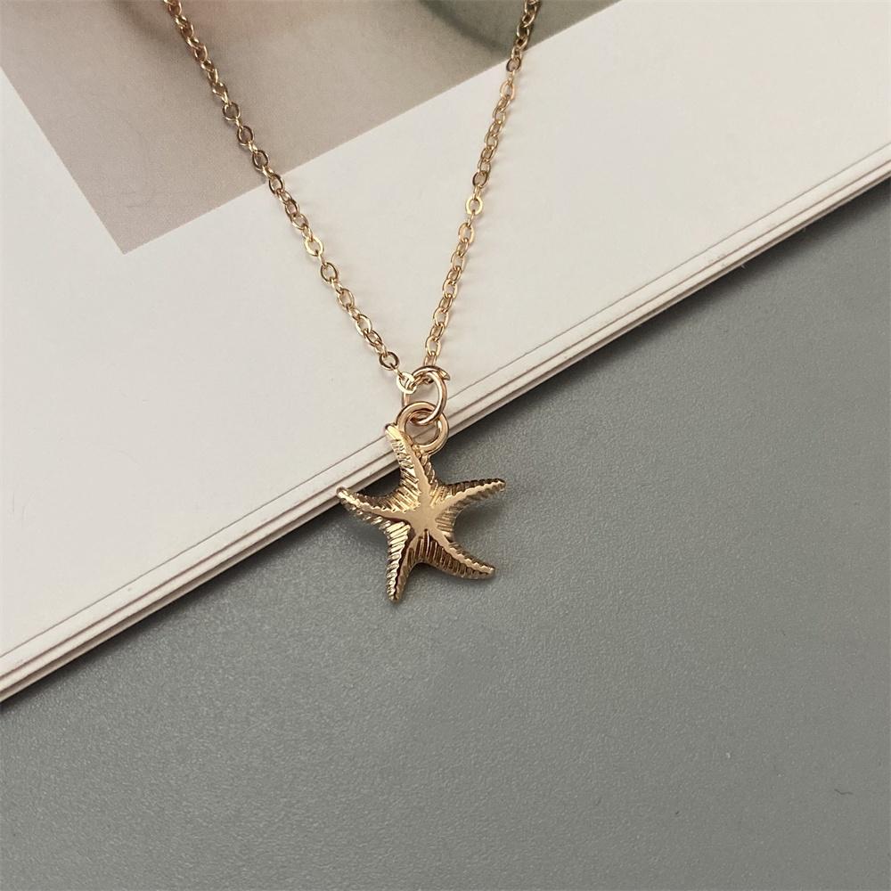Golden Color Starfish Shell Conch Pendant Necklace Link Chain Gift Neck Zircon Gift for Beach See Necklace