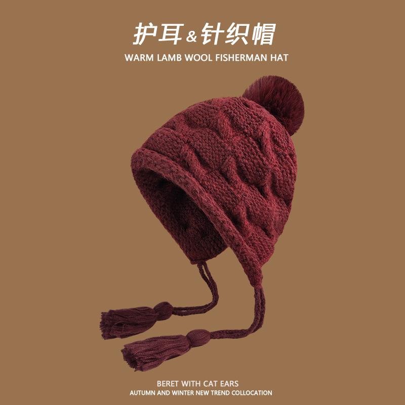 

Autumn and winter warm knitted ear protection hat big head circumference fringed wool hat western Sichuan fashion versatile bag head hat women M（56-58cm） бордовий