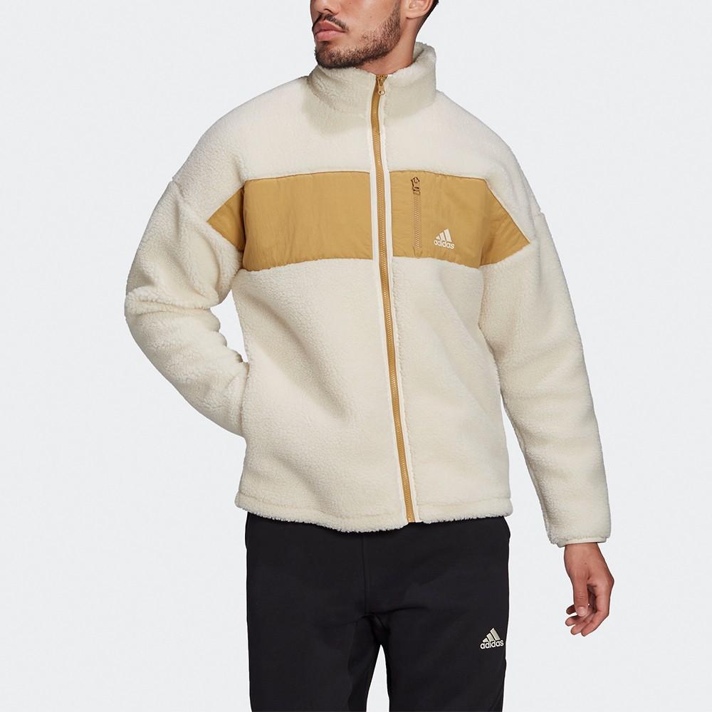 Adidas Colorblock Fleece Warm Logo Sports Stand Collar Jacket for Men, Off-White