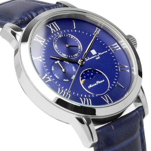 Salvatore Mara Watch Moon Phase Multi Calendar 5 ATM Water Resistant Business Formal Men's Leather Belt Limited Model Silver Blue SM21106-SSBL