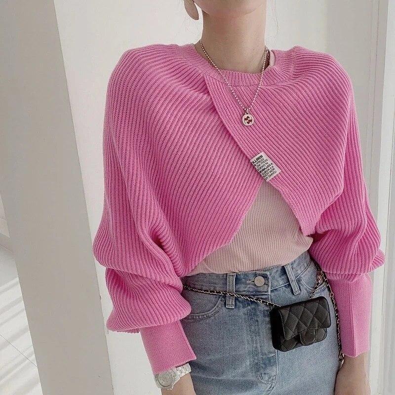 Korean Style Chic Raglan Long Sleeve Pullover Sweet Loose Letter Patch Split Sweater Casual V-neck Office Lady Tops Jumper 29612