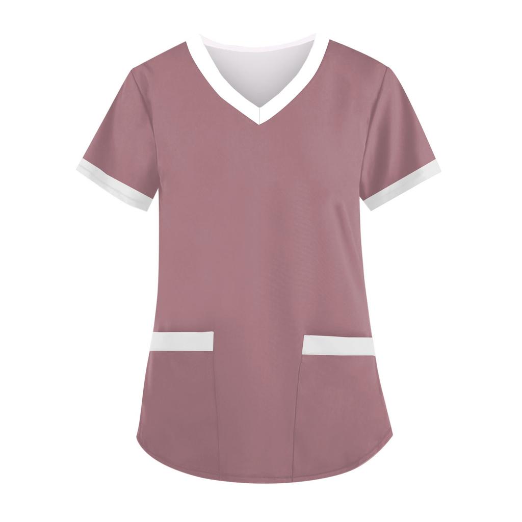 Modische Arbeitskleidung für Damen mit V-Ausschnitt, kurzen Ärmeln und bedruckten Taschen