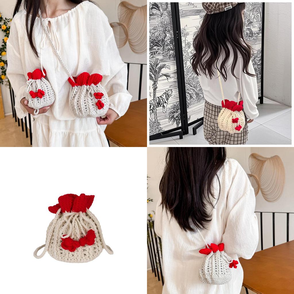 Minimally Woven Crossbody Bag With Flower Appearance And Drawstring Design For Casual Outings