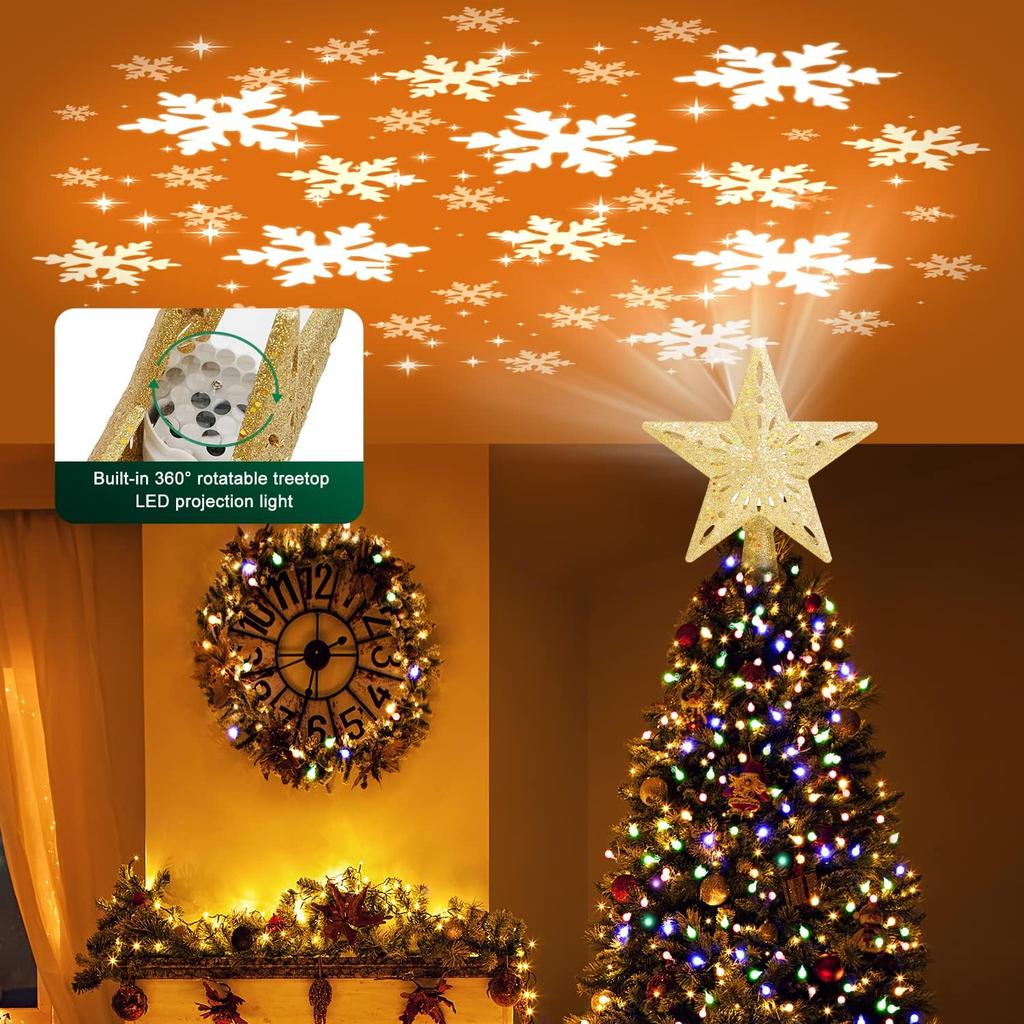 Kesfitt Christmas Tree Topper Star Lighted with 6 Projection Modes,Christmas Star Tree Topper with LED Rotating Lights,Gold Tree Topper 3D Glitter