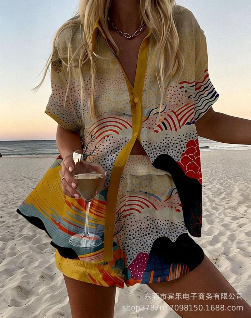 Summer European and American Women's Clothing Bamboo Hemp 1D Digital Printing Short-sleeved Shirt Beach Shorts Casual Two-piece Set