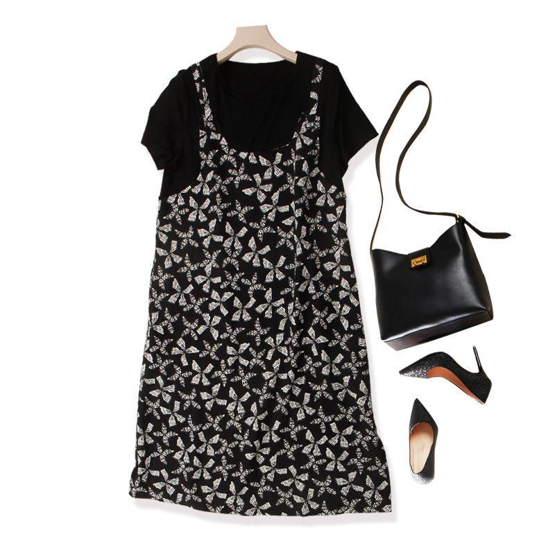 

Lady Temperament Cannot Be Lost! Breathable Woven Cotton Summer Fake Two Pieces A Word Poplin Yarn Clover Dress Black XL