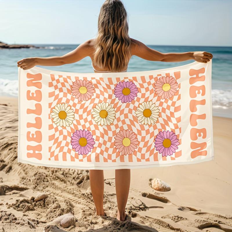 Personalized Beach Towel Daisy Plaid Custom Name logo Microfiber Beach Towel Thin Absorbent for Beach Swimming Yoga Bath Sports