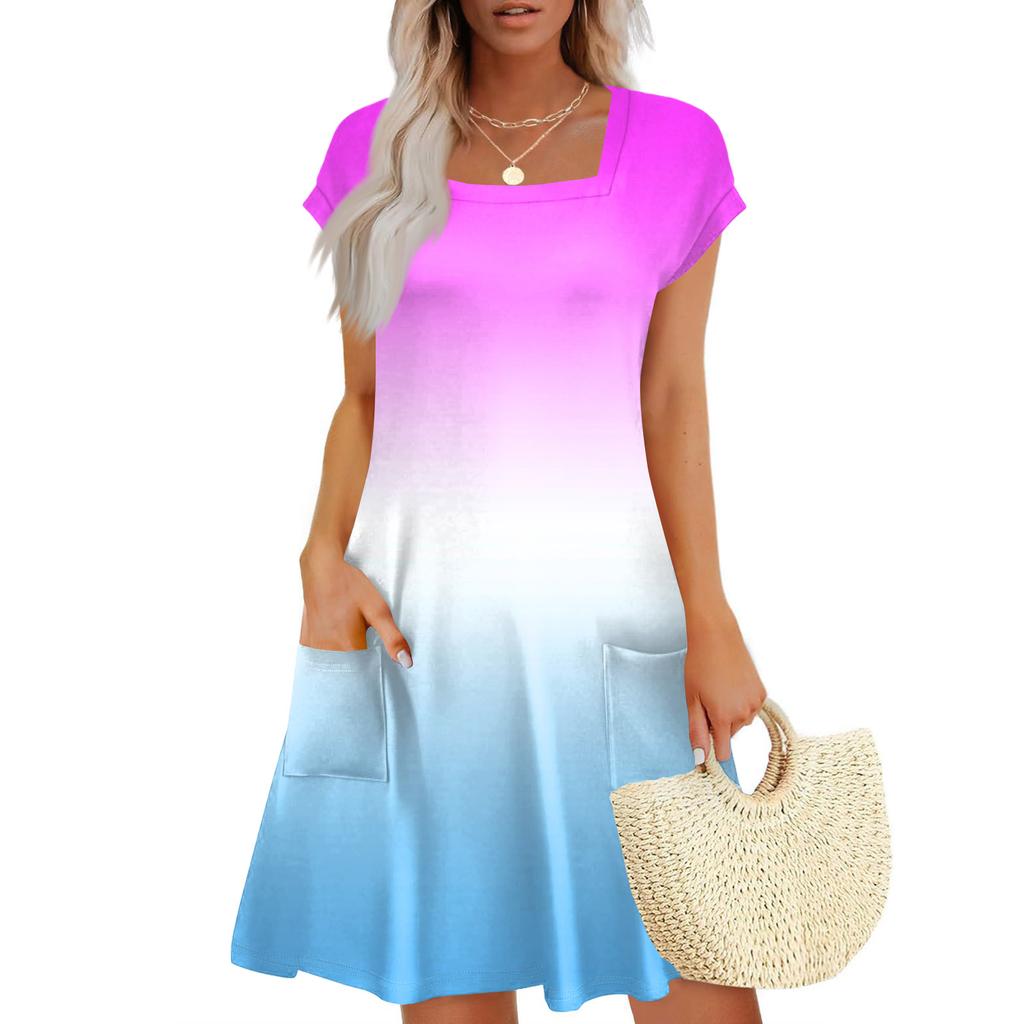 Summer Dresses For Women Loose Square Neck Cap Sleeve Casual Beach Vacation Tshirt Dress Sundresses With Pockets