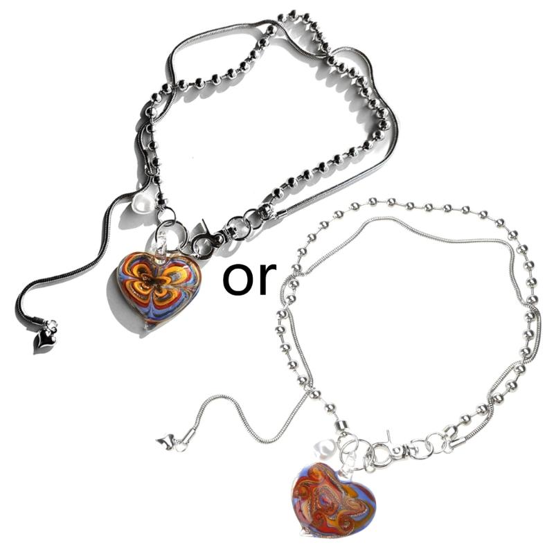 

Vintage Colored Glaze Big Heart Pendant Necklaces for Women Alloy Clavicle Chain Necklace Punk Metal Bead Y2K Necklace 1
