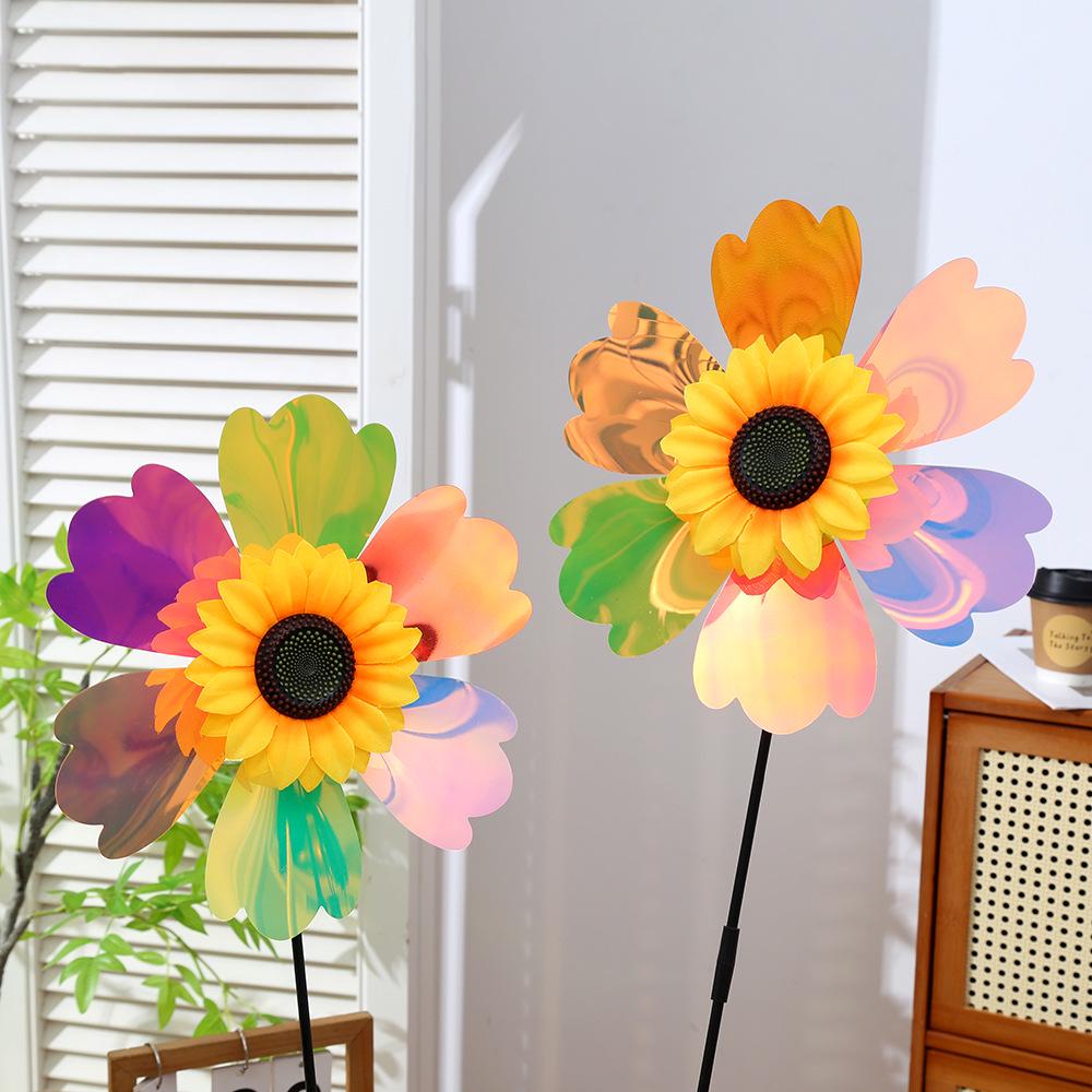 Colorful Sunflower Pinwheel: Double-Layer Decorative Prop for Children s Day and Kindergarten Flower 28cm, Rod 49cm, Total Height 64cm