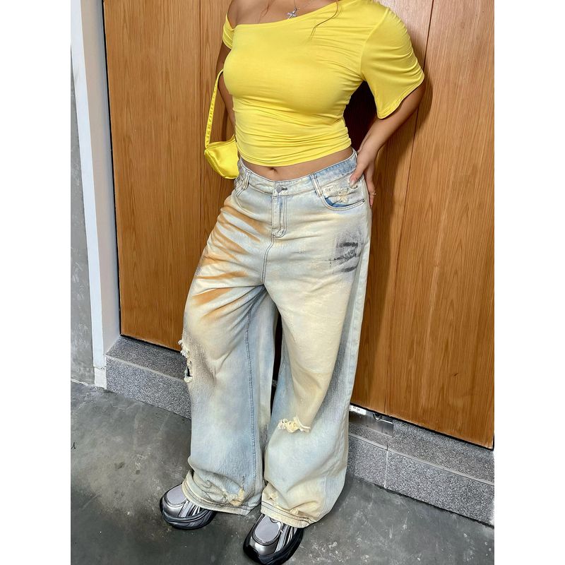 Brother Nan Loose-Fit Sexy Retro Tattered Jeans Denim Female Early Autumn New Arrival Plus Size High Waist Loose Straight-leg Plus Size Ladies Pants