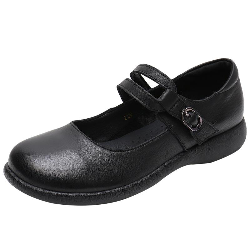 Fashion GKTINOO Leather Shoes Women Mary Janes Genuine Leather Women's Shoes Round Toe Belt Buckle Ladies Casual Flats Large Size