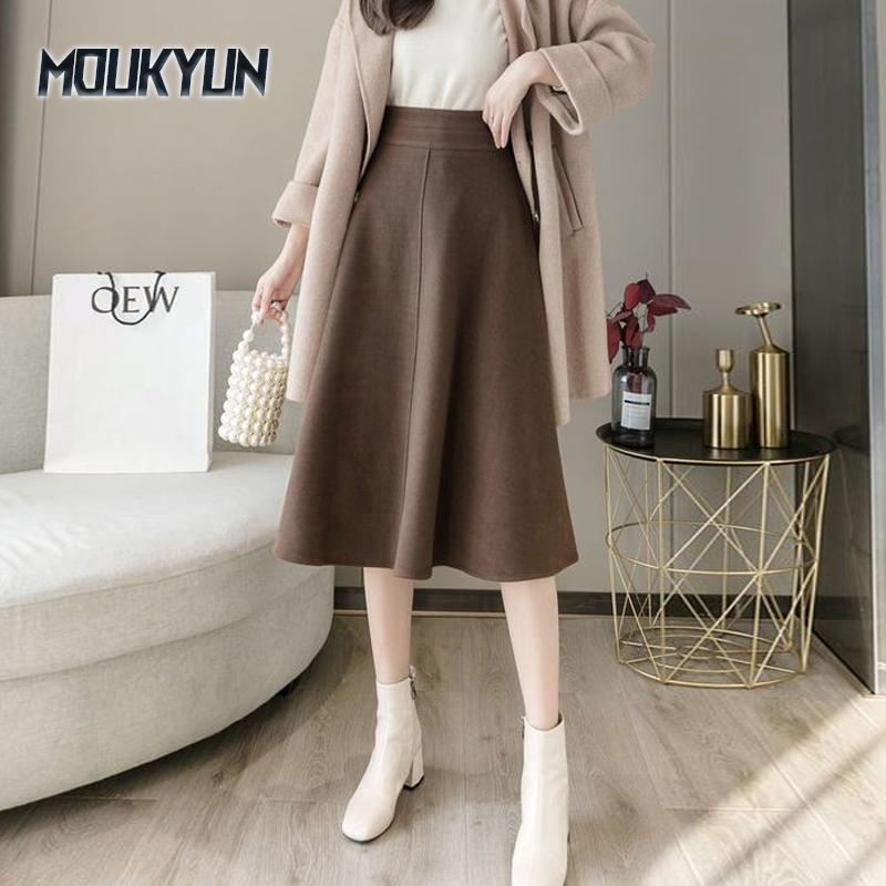 Spódnice damskie z wysokim stanem w stylu vintage, zimowe, średniej długości, Maoni, modne, w kształcie litery A, swobodne, luźne, do połowy łydki, spódnica typu half-body, Feamle Faldas