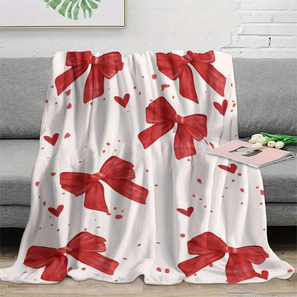 Bows and Hearts Design Pattern Flannel Printed Blanket Suitable for All Seasons Suitable for Living Room Office Sofa and Travel