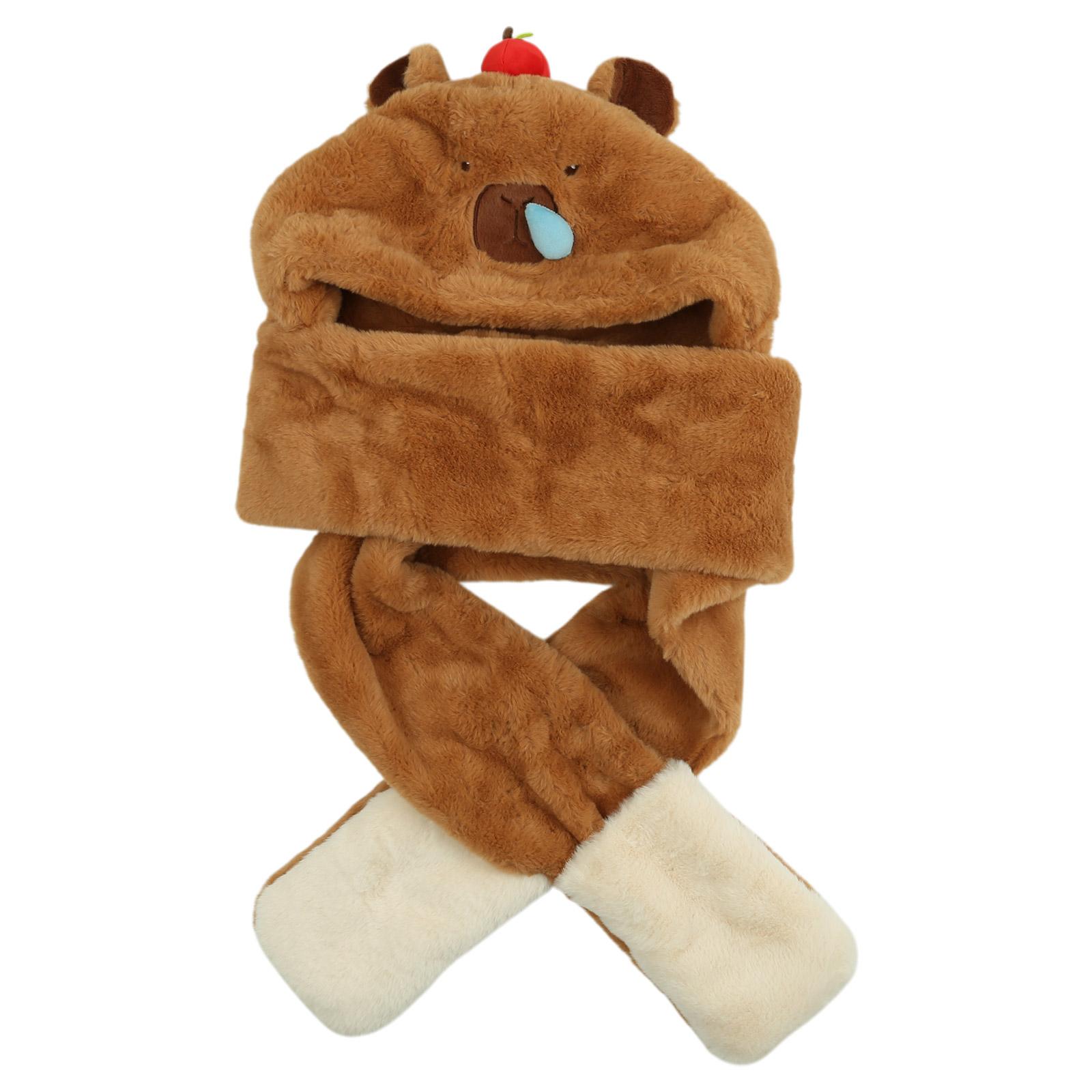 

Furry Cartoon Head Cover with Scarf Gloves Set Thicken Furry Hat Oversized Headgear Hat for Winter Commute коричневий