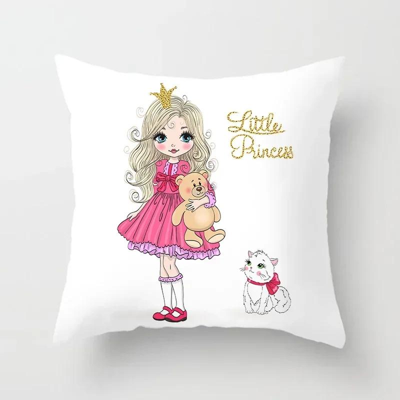 Söt Tecknad Liten Prinsessa Kuddfodral Dekoration Vardagsrum Soffa Sovrum Bil Barnrum Örngott 45*45cm