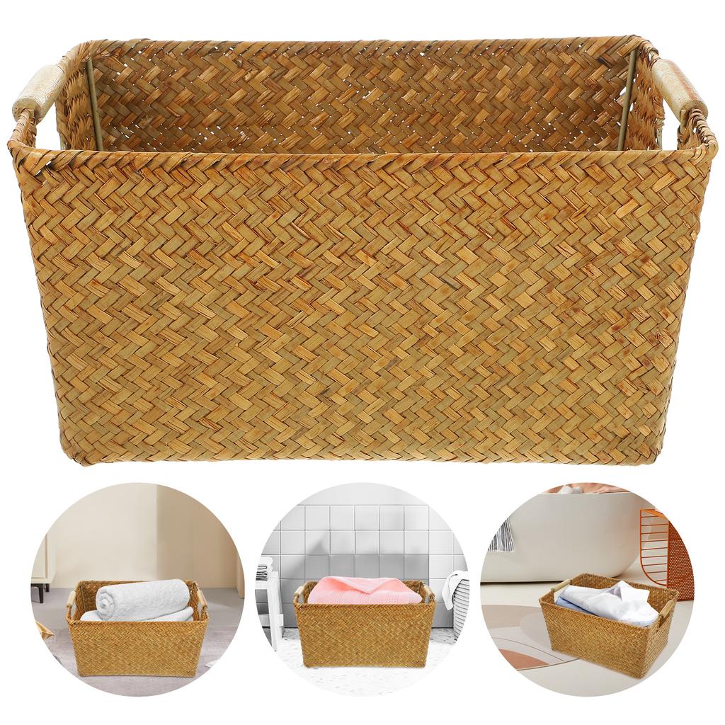 Lightweight Seagrass Woven Basket with Handle Portable Desktop Storage Box for Office Home Study Room Rustic Sundry Organizer