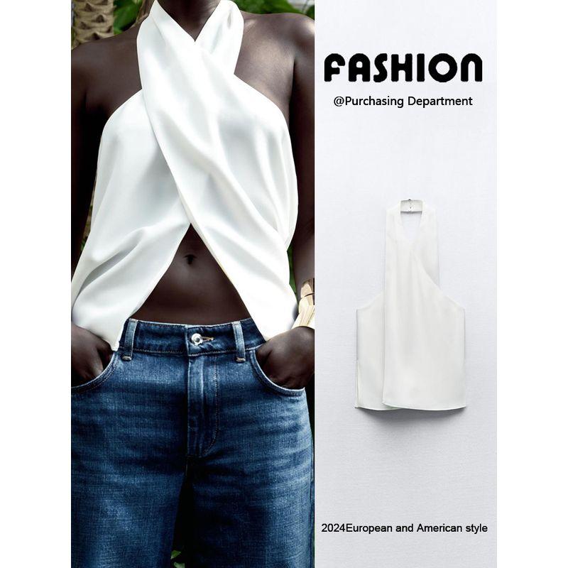 Za2024 Summer New Product Women's Clothes Stomach Blanket Type Shoelace Crop Top Cross Hanging Collar Tops 3034318 251