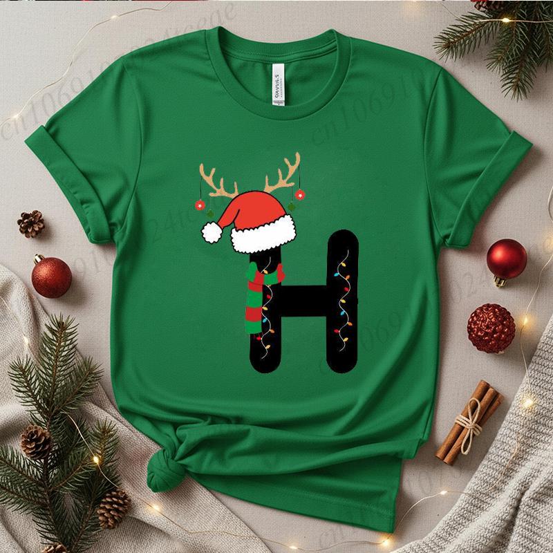 

Women s Christmas Alphabet Shirt Matching Family Xmas Holiday Pajamas Party Outfit Christmas Monogram Print Short Sleeve Top 5XL різнокольоровий
