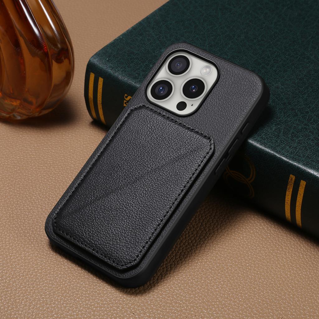 DENIOR D04 For iPhone 16 Pro Max Case Dual Card Slots Kickstand Leather+PC+TPU Cover