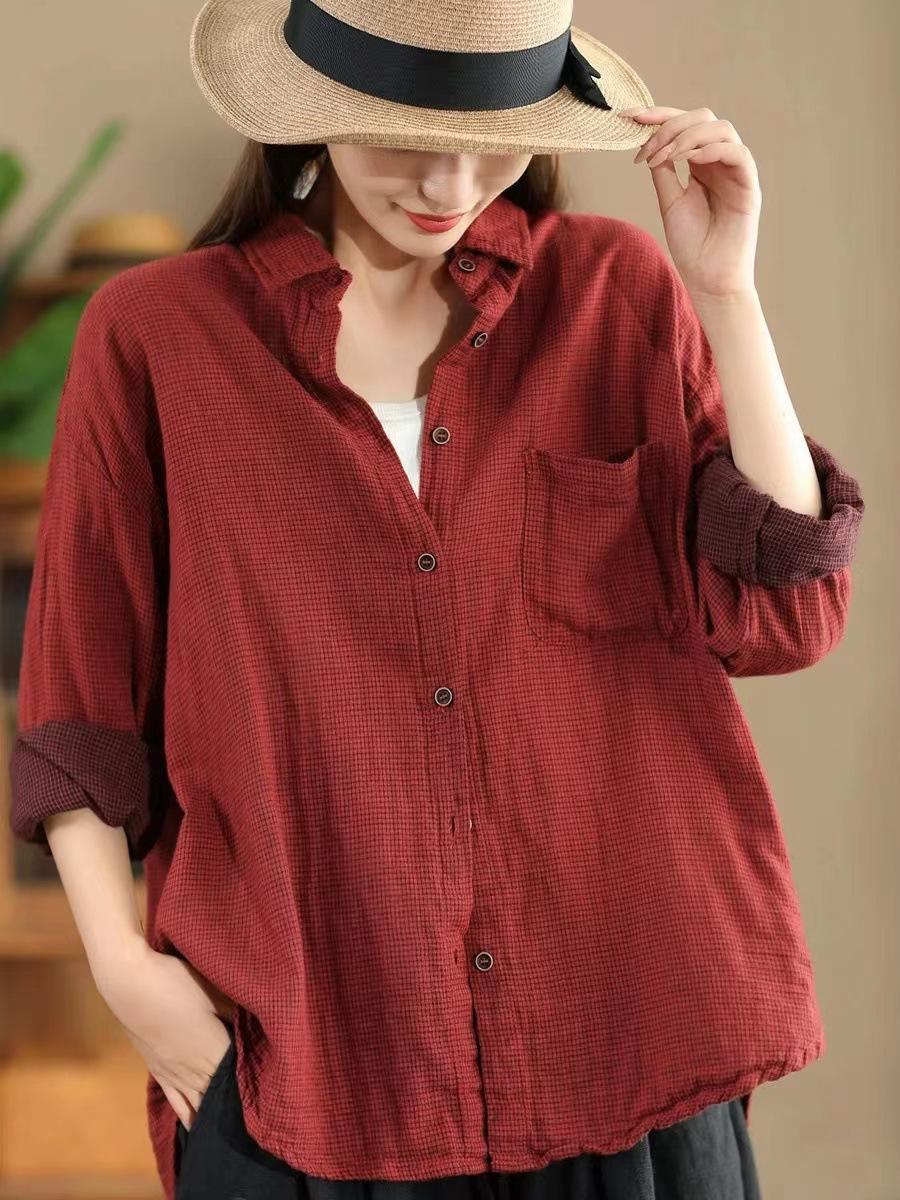 

Johnature Женская осенняя модная винтажная повседневная рубашка с длинными рукавами и отложным воротником, однобортная свободная рубашка в стиле ретро L красный