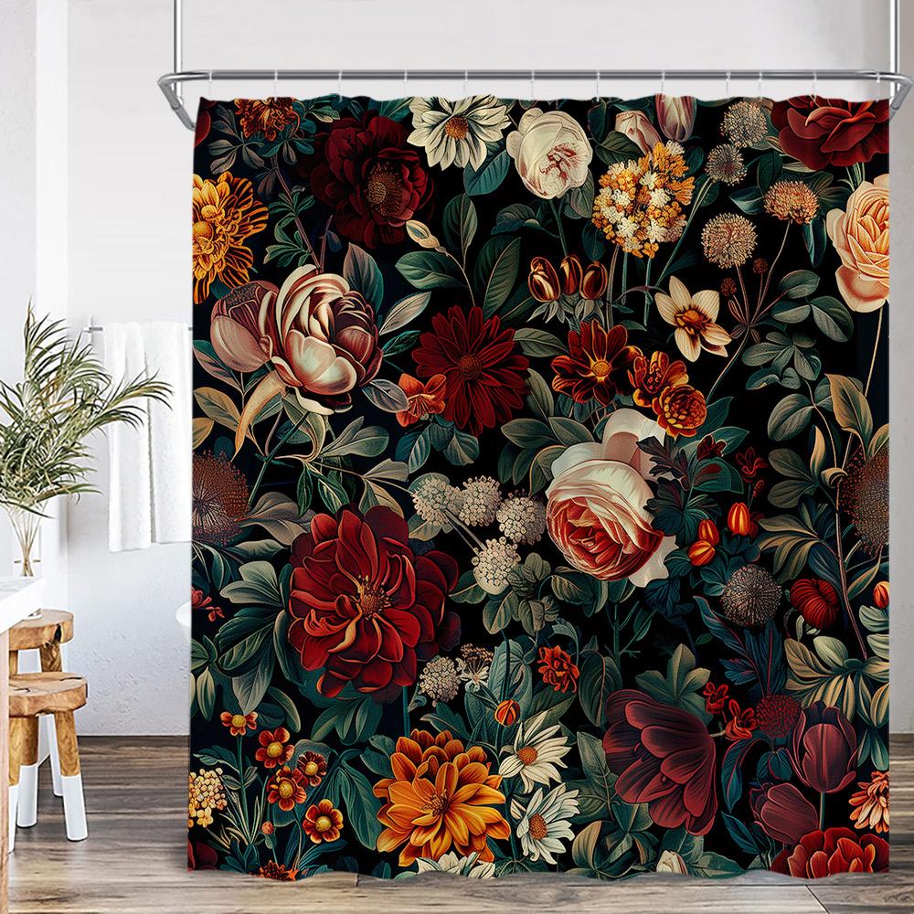 Vintage Floral Shower Curtain Colorful Flower Blossom Plant Green Leaf Dark Bathroom Decoration Polyester Bath Curtain with Hook