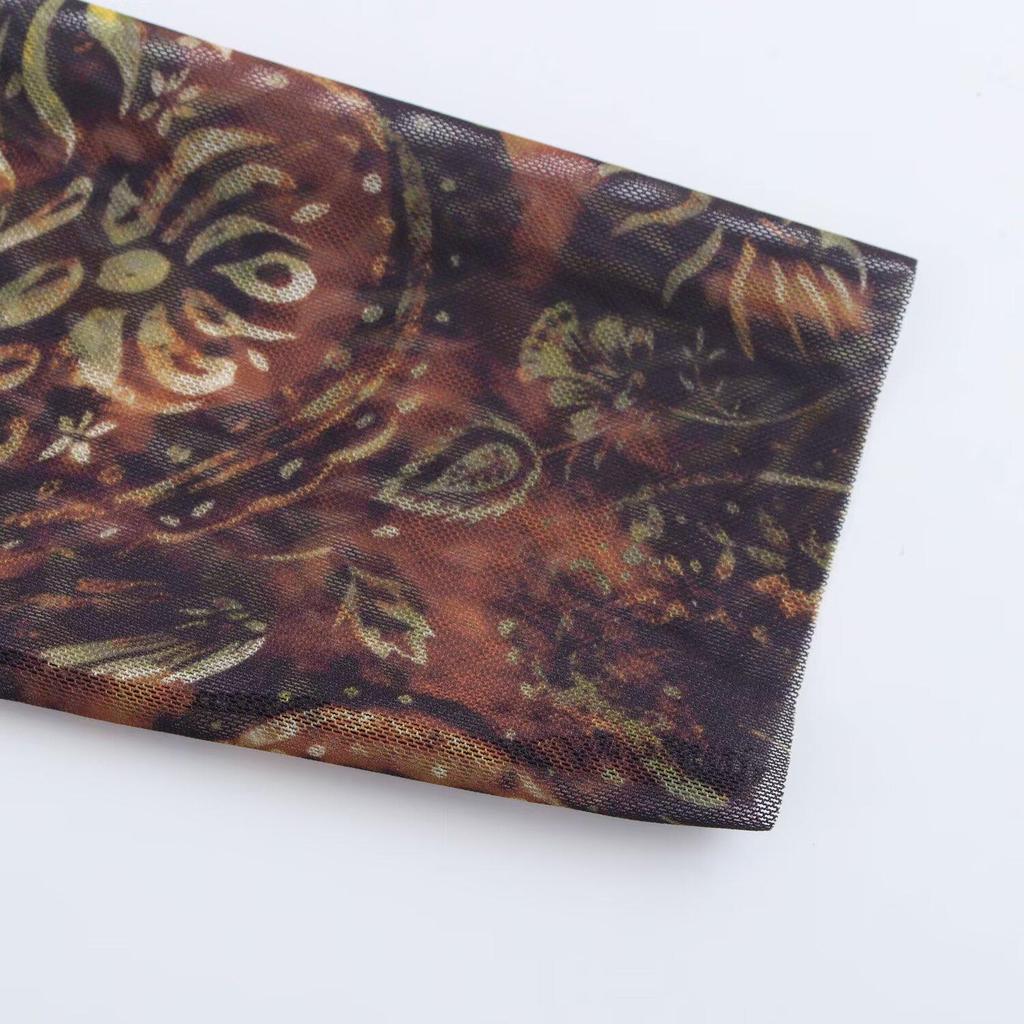 2024 Autumn Women's European & American Print Silk Waist-Hugging Long-Sleeve Short Dress