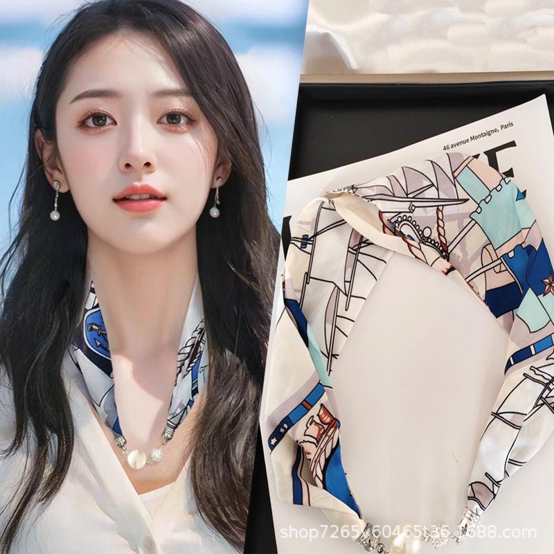 New Luxury Design Magnetic Pearls Button Silk Scarf Women Summer Neck Ornament Silk Scarves Lady Shirt Sunscreen Decoration Gift