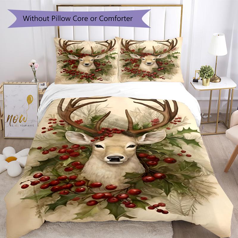 3pcs Christmas Reindeer Bedding Set Duvet Cover Closure Includes 1 Duvet Cover & 2 Pillowcases, Soft and Comfortable for All Seasons.