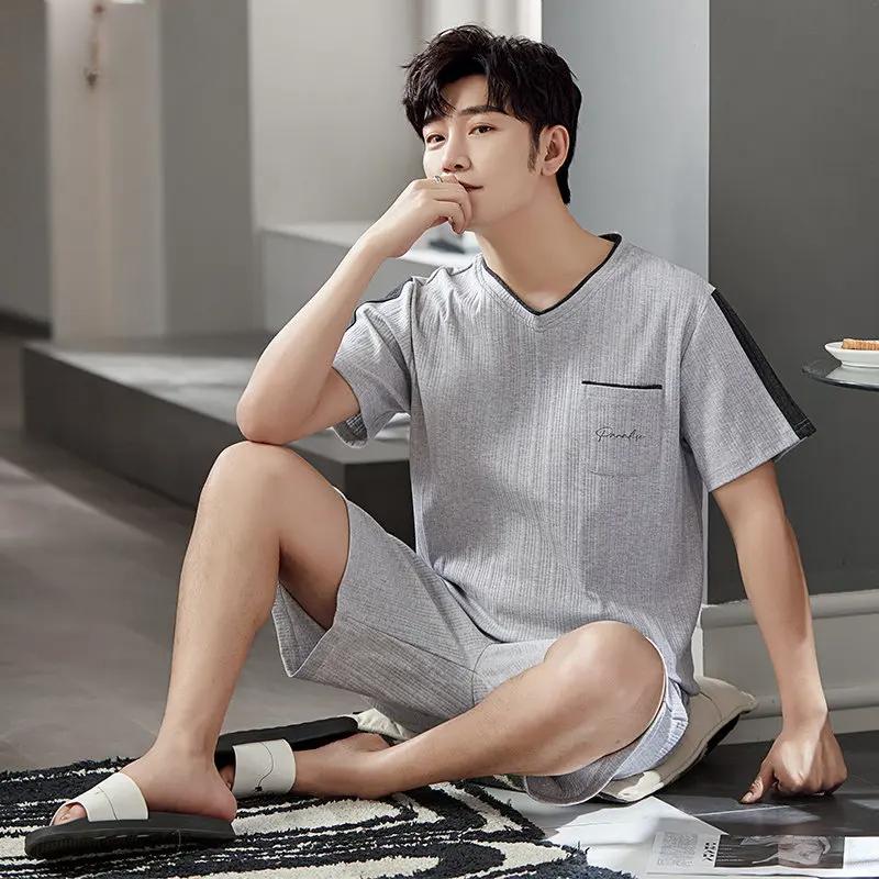 Set Pigiama da Uomo Modal Fresco Estivo Manica Corta Pantaloncini a Quadri Cotone Homewear Pigiama da Gentiluomo