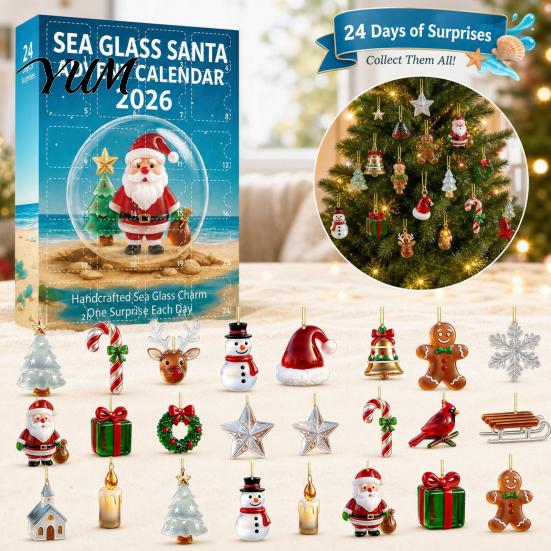 Decorative Sea Glass Charms Christmas Advent Calendar, 24-Day Acrylic 2D Ornament Set Gift for Kids with Santa Gingerbread Man, Tree Hanging