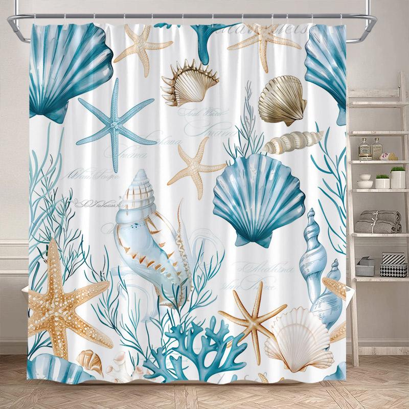 Nautical Ocean Shower Curtains Blue Shell Conch Seaweed Starfish Bath Curtain Set Polyester Fabric Bathroom Decor with Hooks