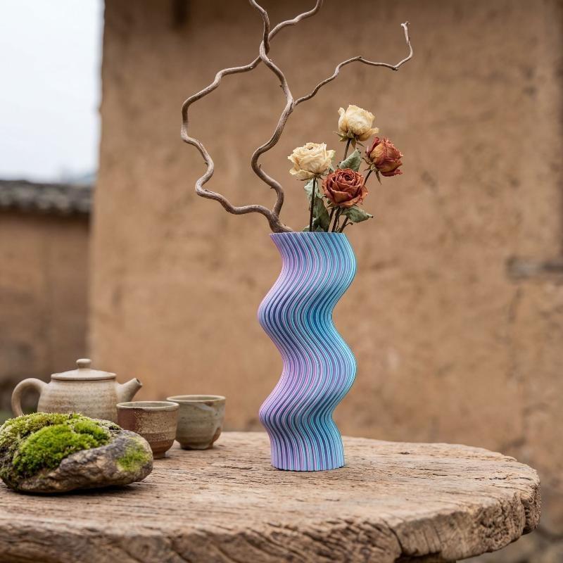 3D-gedruckte gestreifte Vase, unregelmäßig geschwungene Form, Kunstblumenbehälter, moderner DekorationsTopf für Trockenblumen, Heimtischdekoration