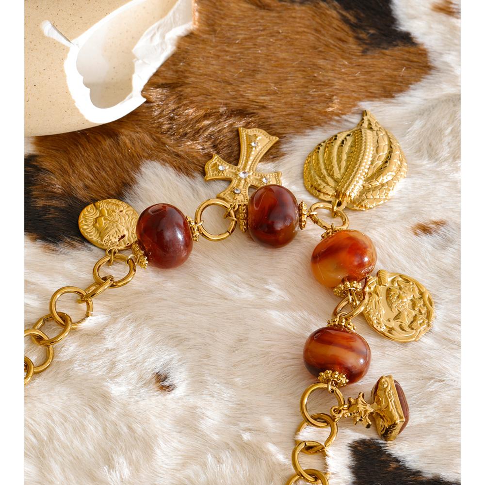 Yhpup Vintage Resin Round Leaf Cross Charms Pendant Drop Statement Necklace for Women Stainless Steel Handmade Sweater Jewelry