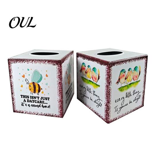 Waterproof Hardboard Napkin Holder Iron Art Square Tissue Box, Bee And Bird Watercolor Print Pastoral Aesthetic Tabletop Decor Holder, Style